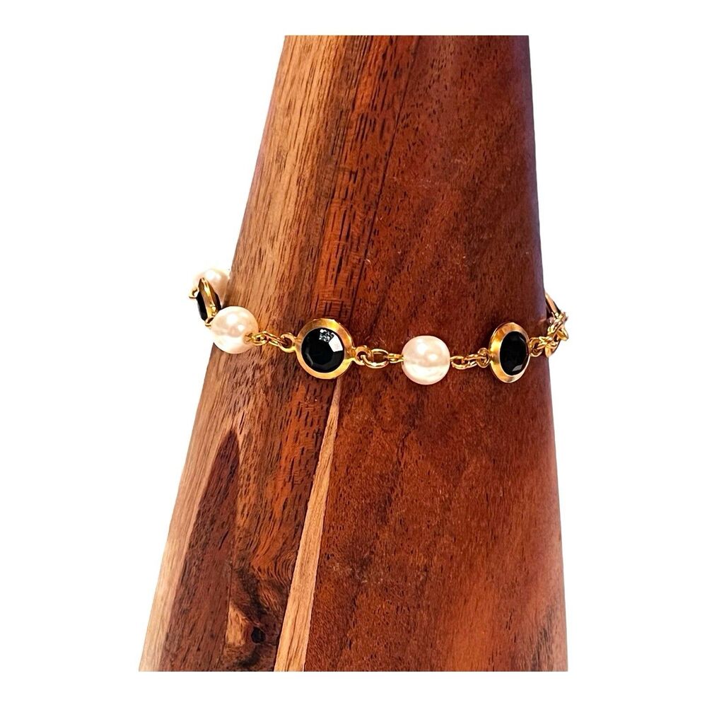 Vintage Faux Pearl & Acrylic Faceted Stones Gold Tone Bracelet Retro Mid Century